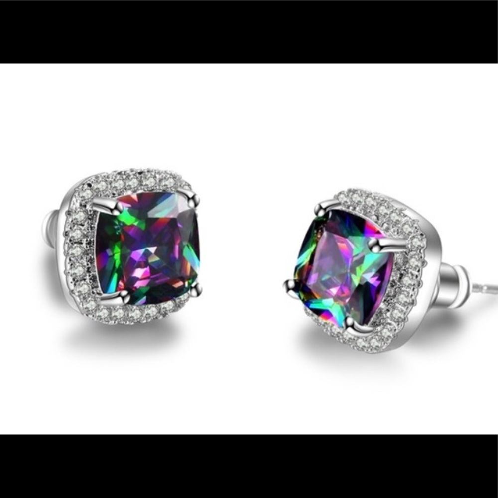 Mystic Princess Cut Rainbow Topaz Gemstone Stud Er